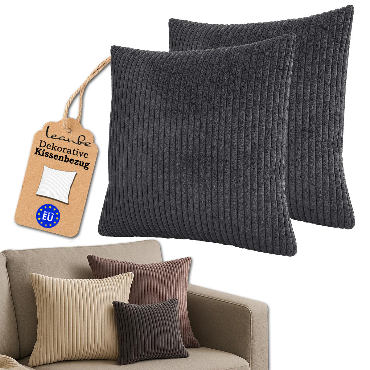LEANBE Cord Kissenhüllen Set (2 Stück) – Weiche Dekokissenbezüge mit Struktur: Grau