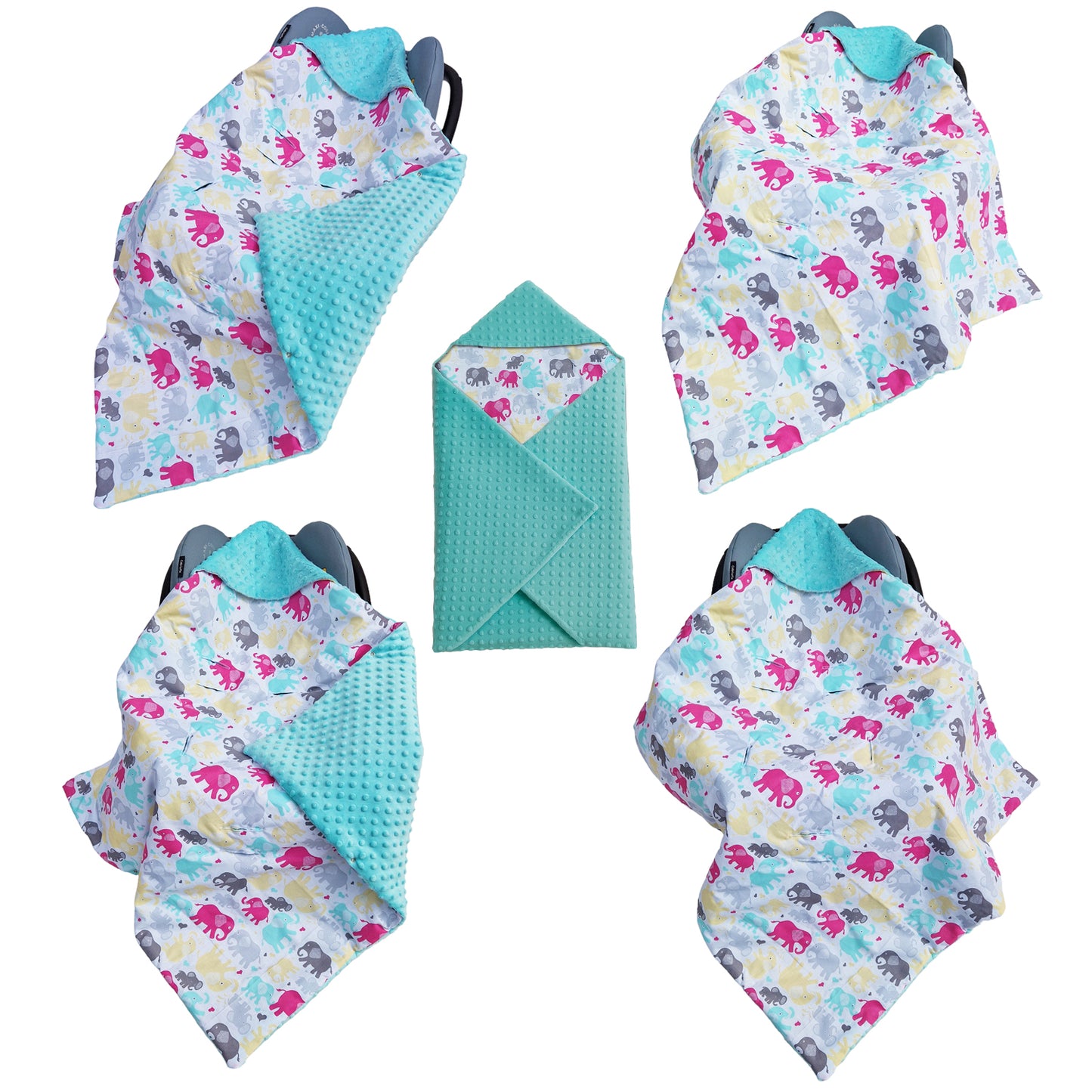 Einschlagdecke Babydecke 86x86 cm – Baumwolle & Minky Tükis / Elefanten