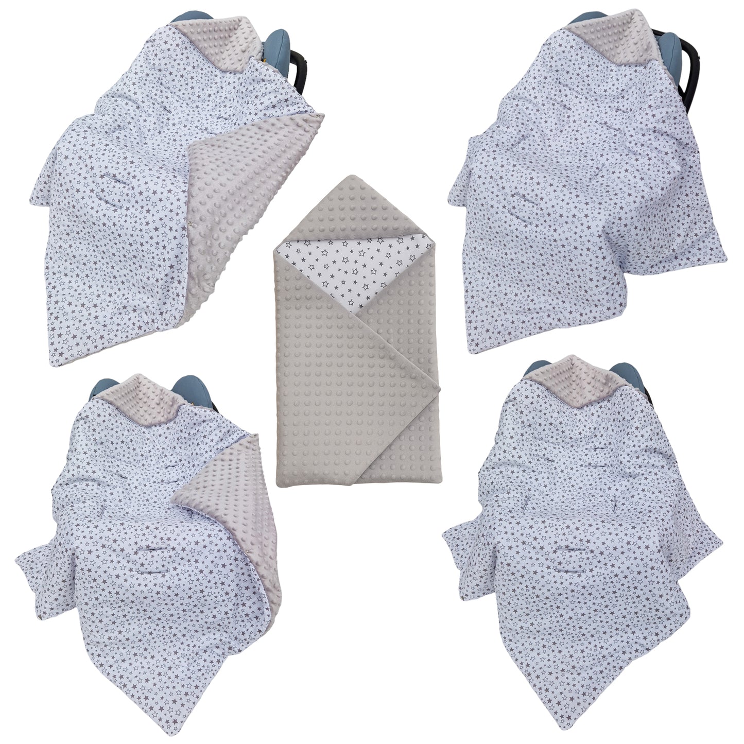 Einschlagdecke Babydecke 86x86 cm – Baumwolle & Minky Grau / Sterne