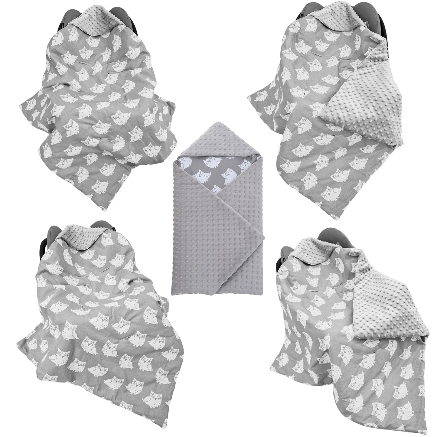 Einschlagdecke Babydecke 86x86 cm – Baumwolle & Minky Grau / Eulen