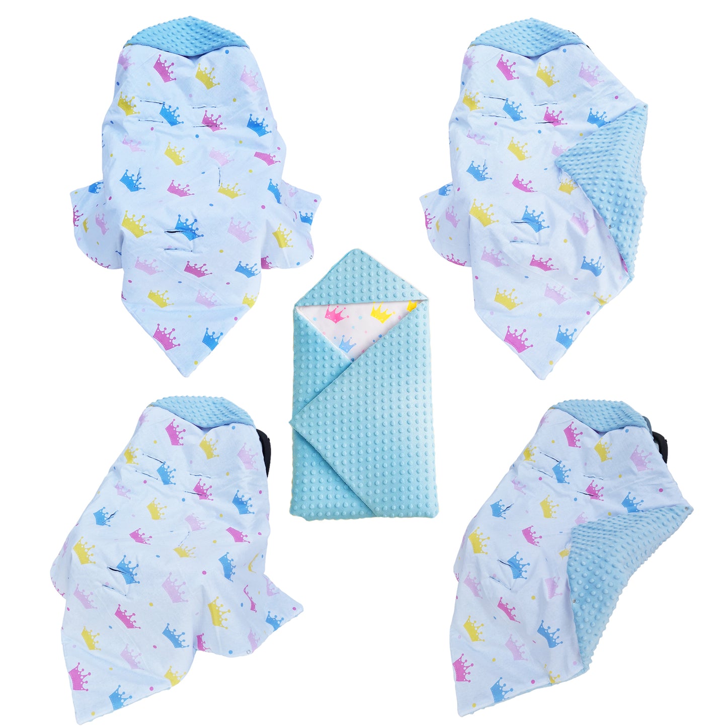 Einschlagdecke Babydecke 86x86 cm – Baumwolle & Minky Blau / Kronen