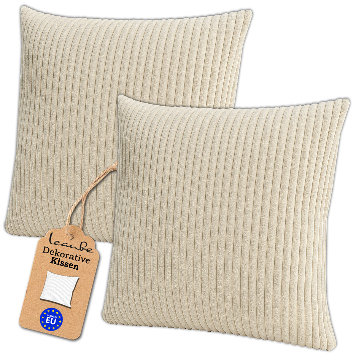LEANBE Cord Dekokissen – Weiches Kissen mit strukturierter Oberfläche Set 2 Stck. - Beige