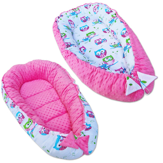 LEANBE Babynest Kokon aus Baumwolle & Minky - Rosa Minky / Bunte Eulen