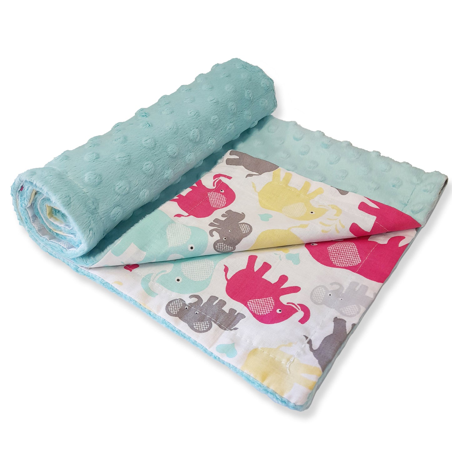 Babydecke 50x70cm doppelseitig Minky/Baumwolle Türkis Minky-Elefanten