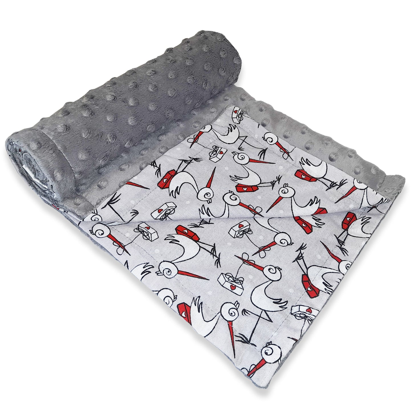 Babydecke 50x70cm doppelseitig Minky/Baumwolle Grau Minky-Störche