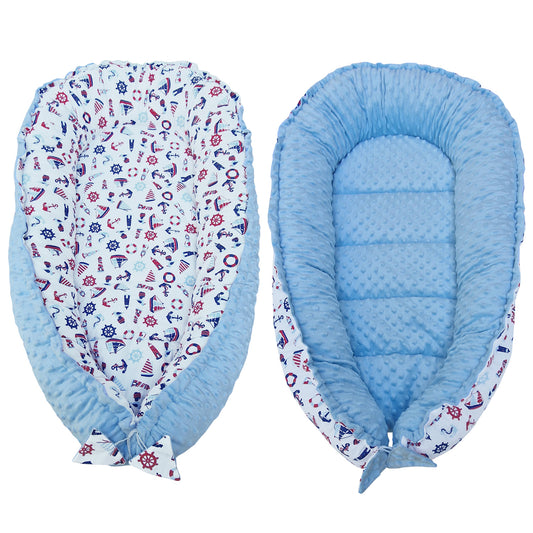 LEANBE Babynest Kokon aus Baumwolle & Minky - Blau Minky / Segelboote