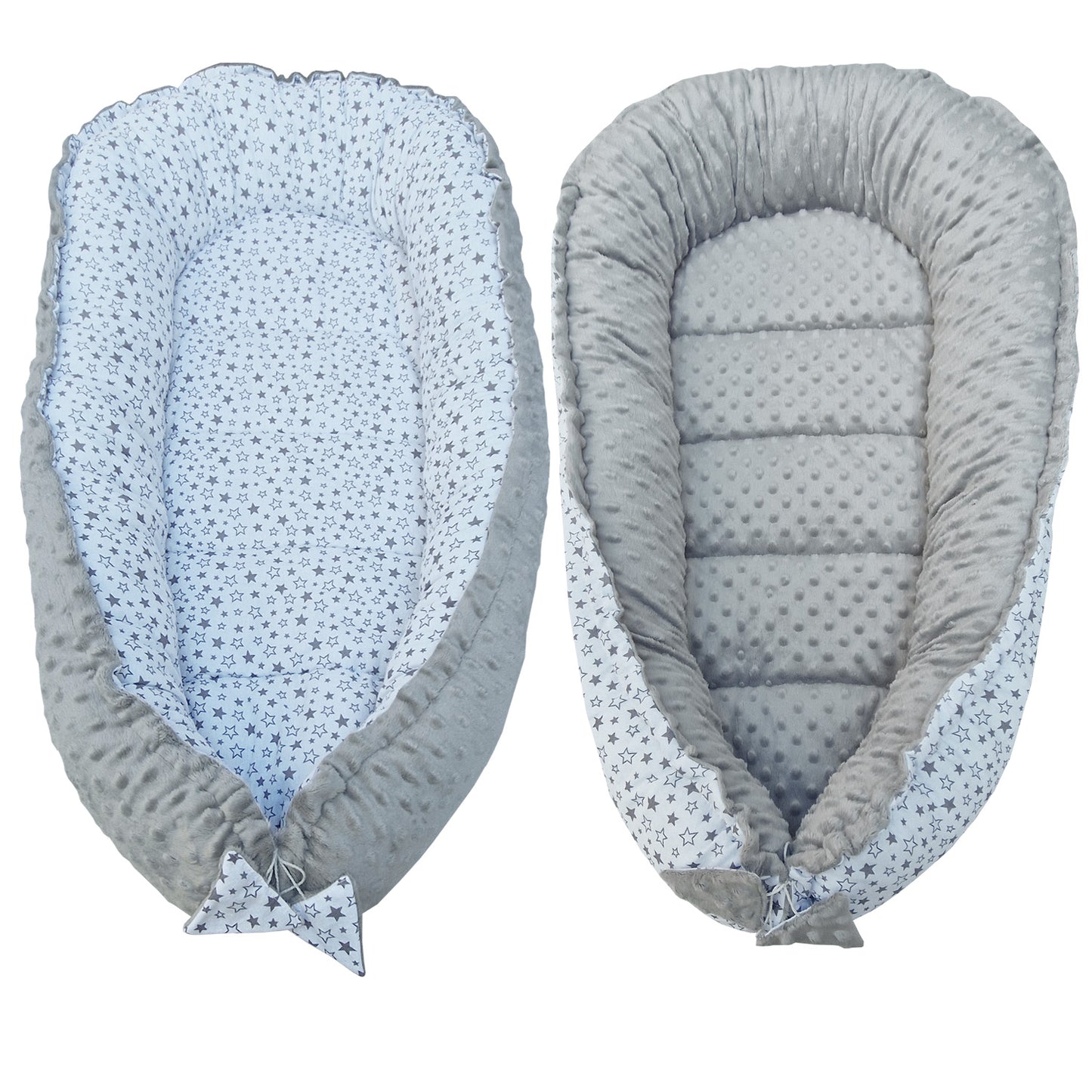 Babynest Kokon aus Baumwolle & Minky - Grau Minky / Sterne