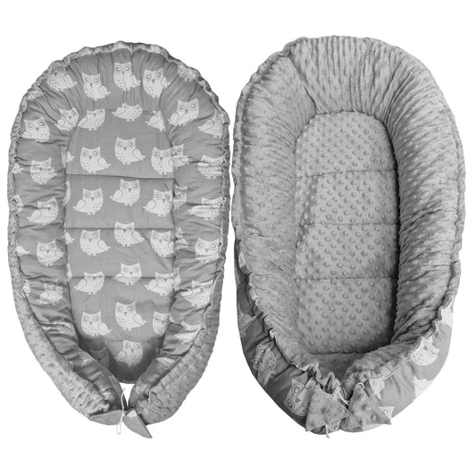 LEANBE Babynest Kokon aus Baumwolle & Minky - Grau Minky / Eulen