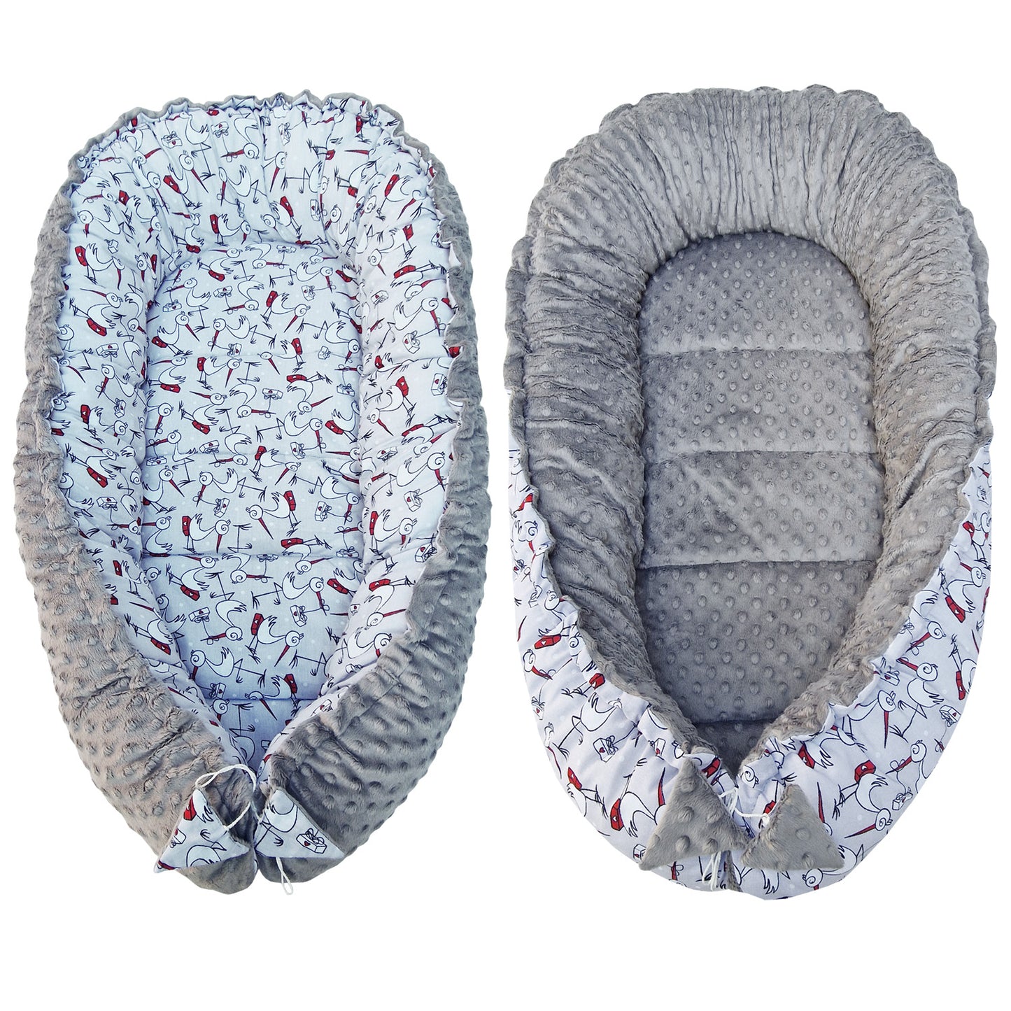 Babynest Kokon aus Baumwolle & Minky - Grau Minky / Störche