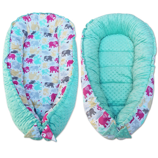 LEANBE Babynest Kokon aus Baumwolle & Minky -Türkis Minky / Bunte Elefanten