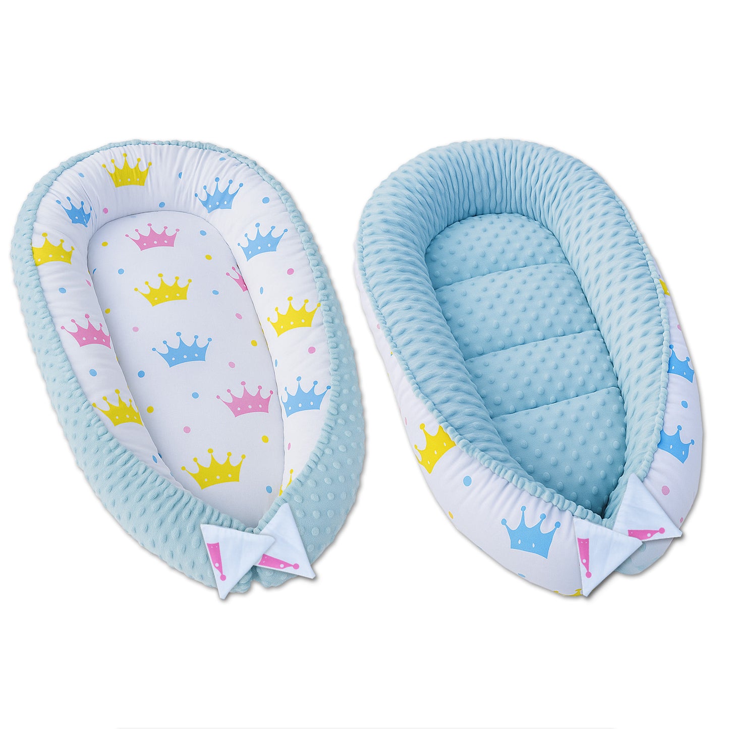 Babynest Kokon aus Baumwolle & Minky - Blau Minky / Bunte Kronen