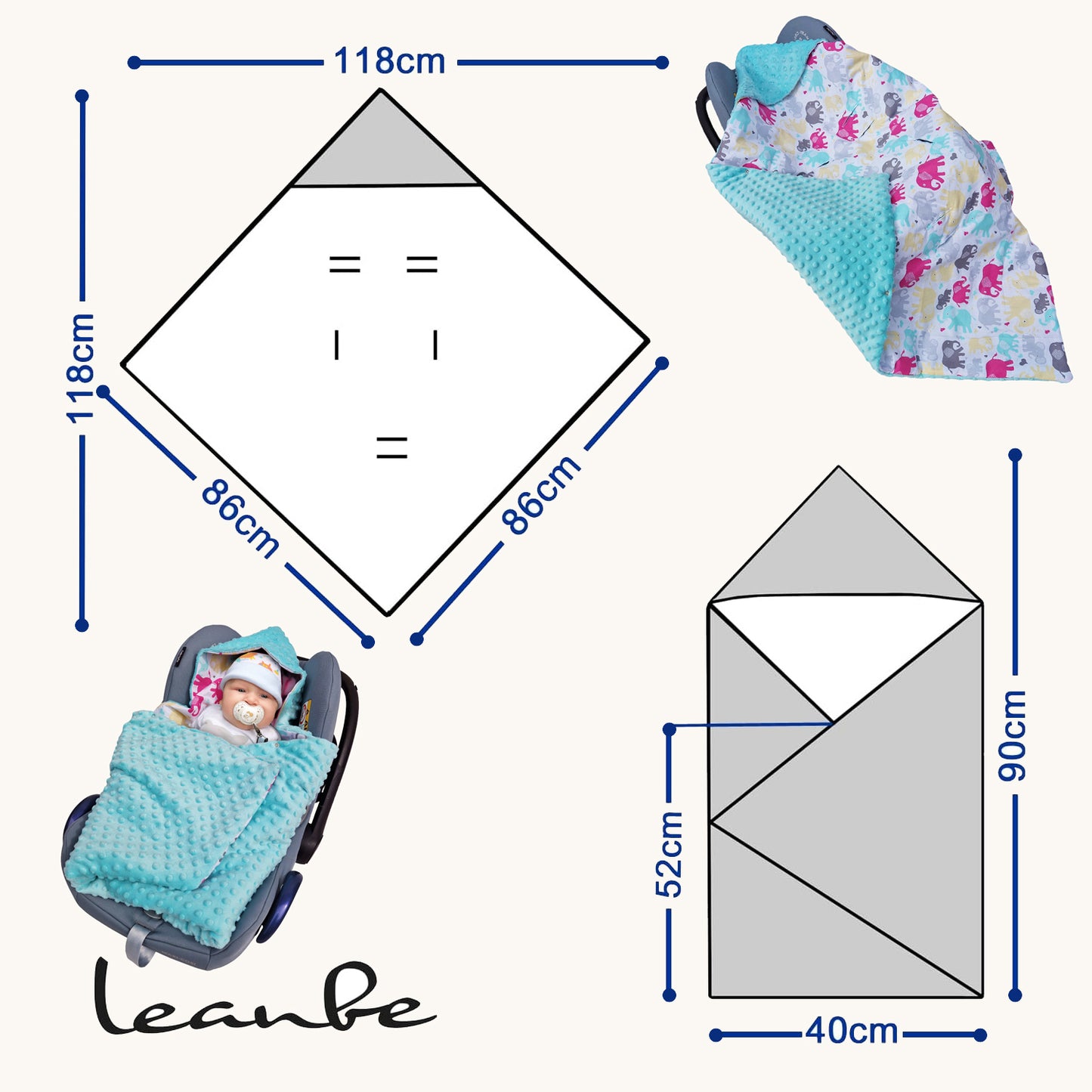 Einschlagdecke Babydecke 86x86 cm – Baumwolle & Minky Tükis / Elefanten