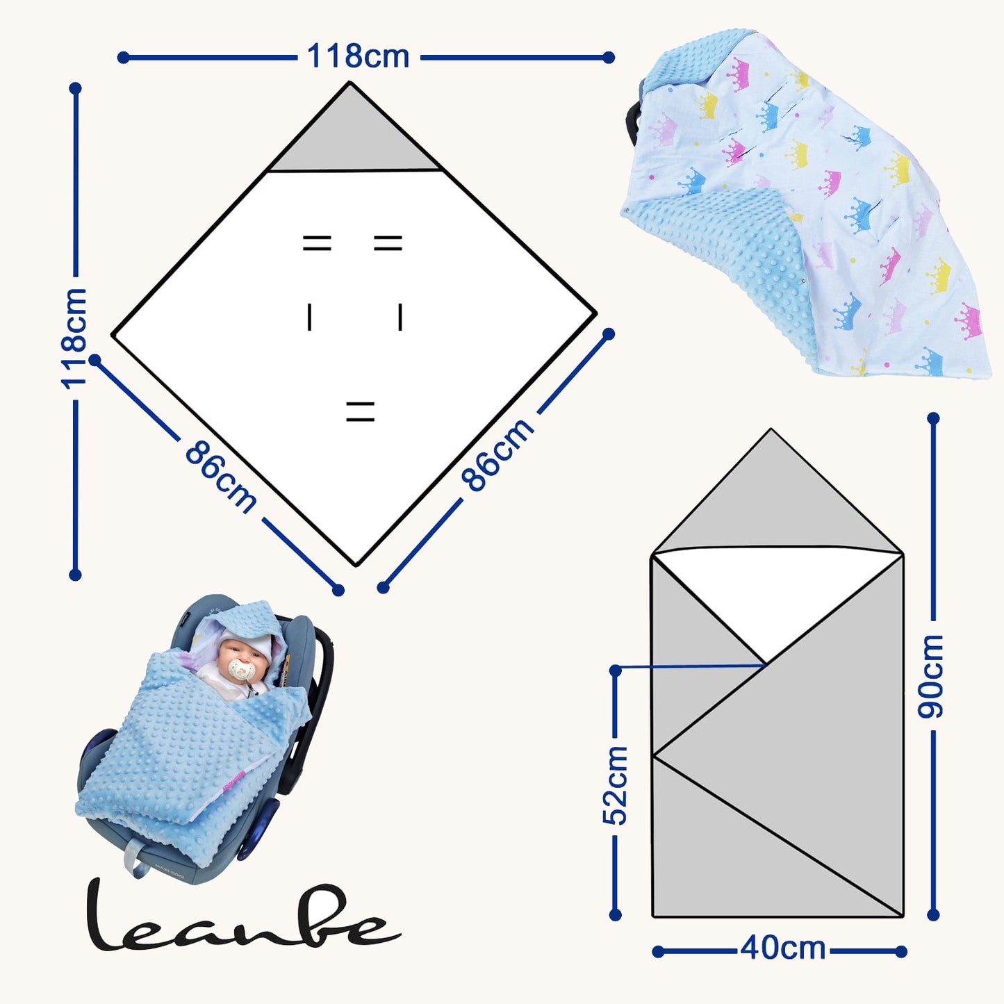 Einschlagdecke Babydecke 86x86 cm – Baumwolle & Minky Blau / Kronen