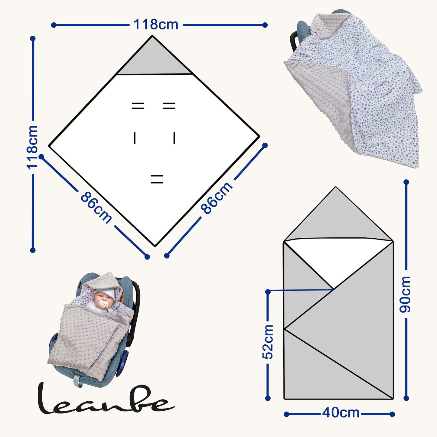 Einschlagdecke Babydecke 86x86 cm – Baumwolle & Minky Grau / Sterne