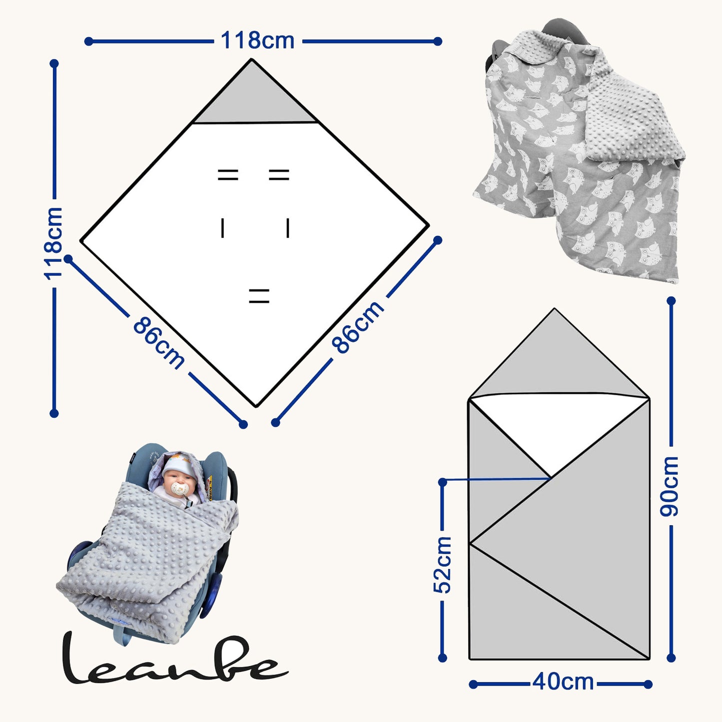 Einschlagdecke Babydecke 86x86 cm – Baumwolle & Minky Grau / Eulen