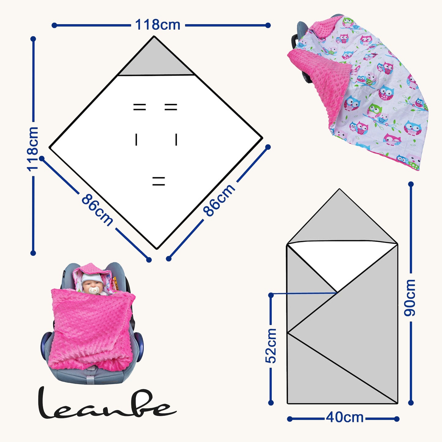 Einschlagdecke Babydecke 86x86 cm – Baumwolle & Minky Rosa /Eulen