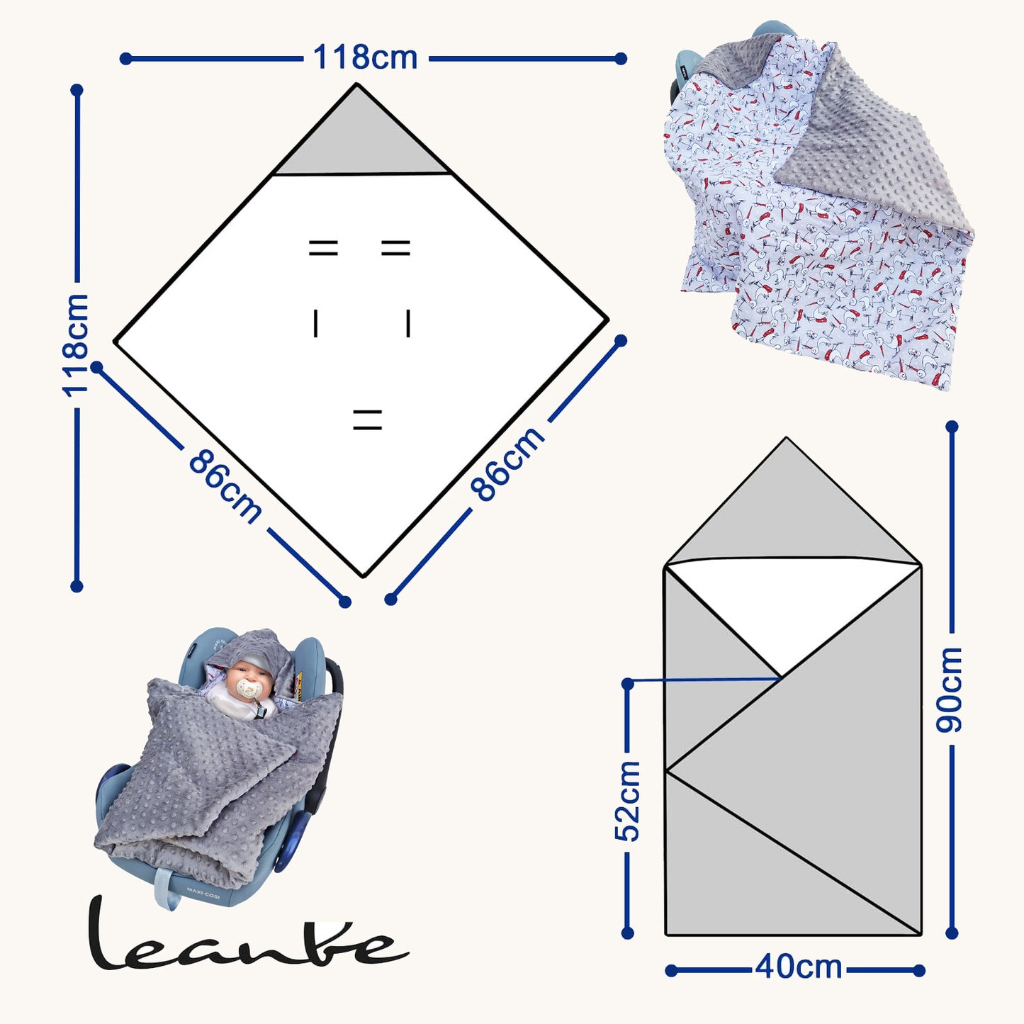 Einschlagdecke Babydecke 86x86 cm – Baumwolle & Minky Grau / Störche