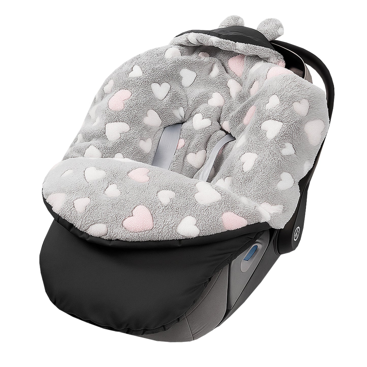 Baby Einschlagdecke für Winter - Schwarz mit rosa Herzen