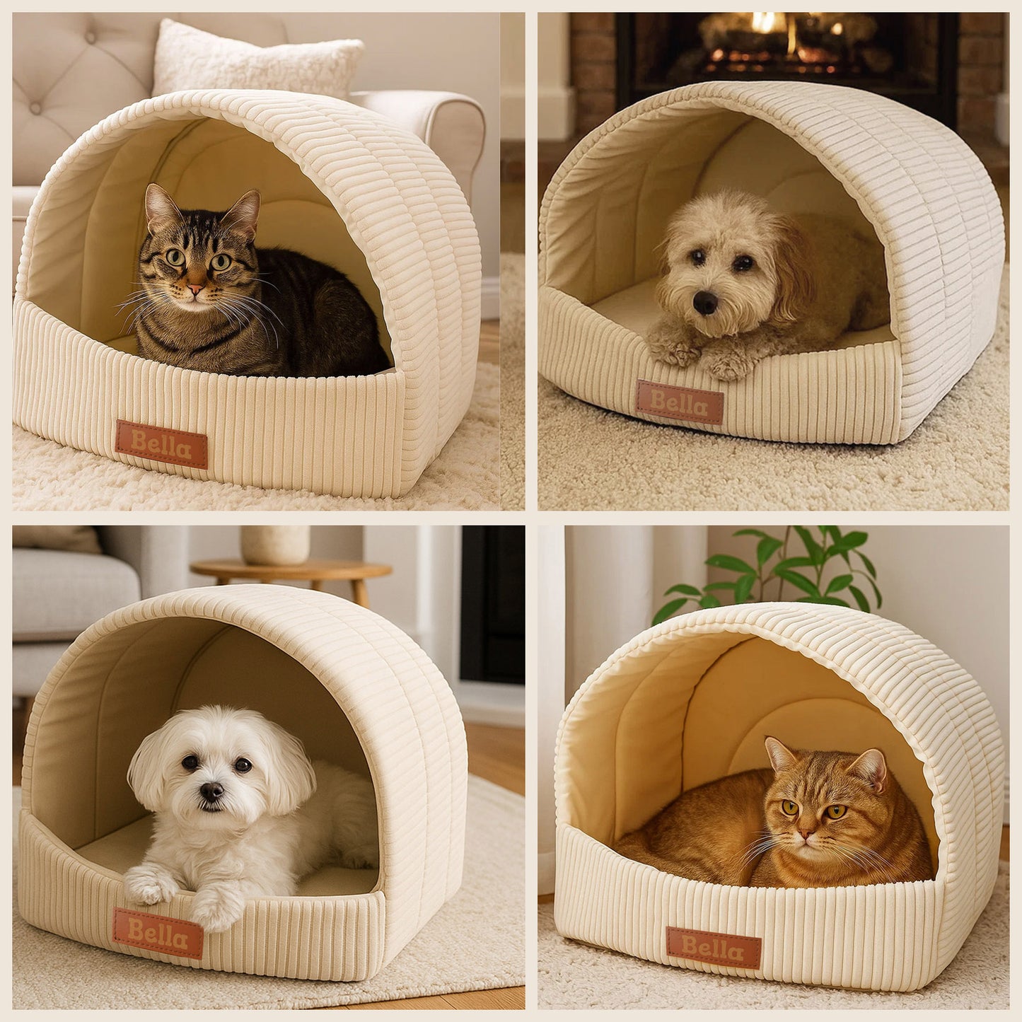 Personalisierbare & Stilvolle Cord-Hütte für Hunde und Katzen - Beige