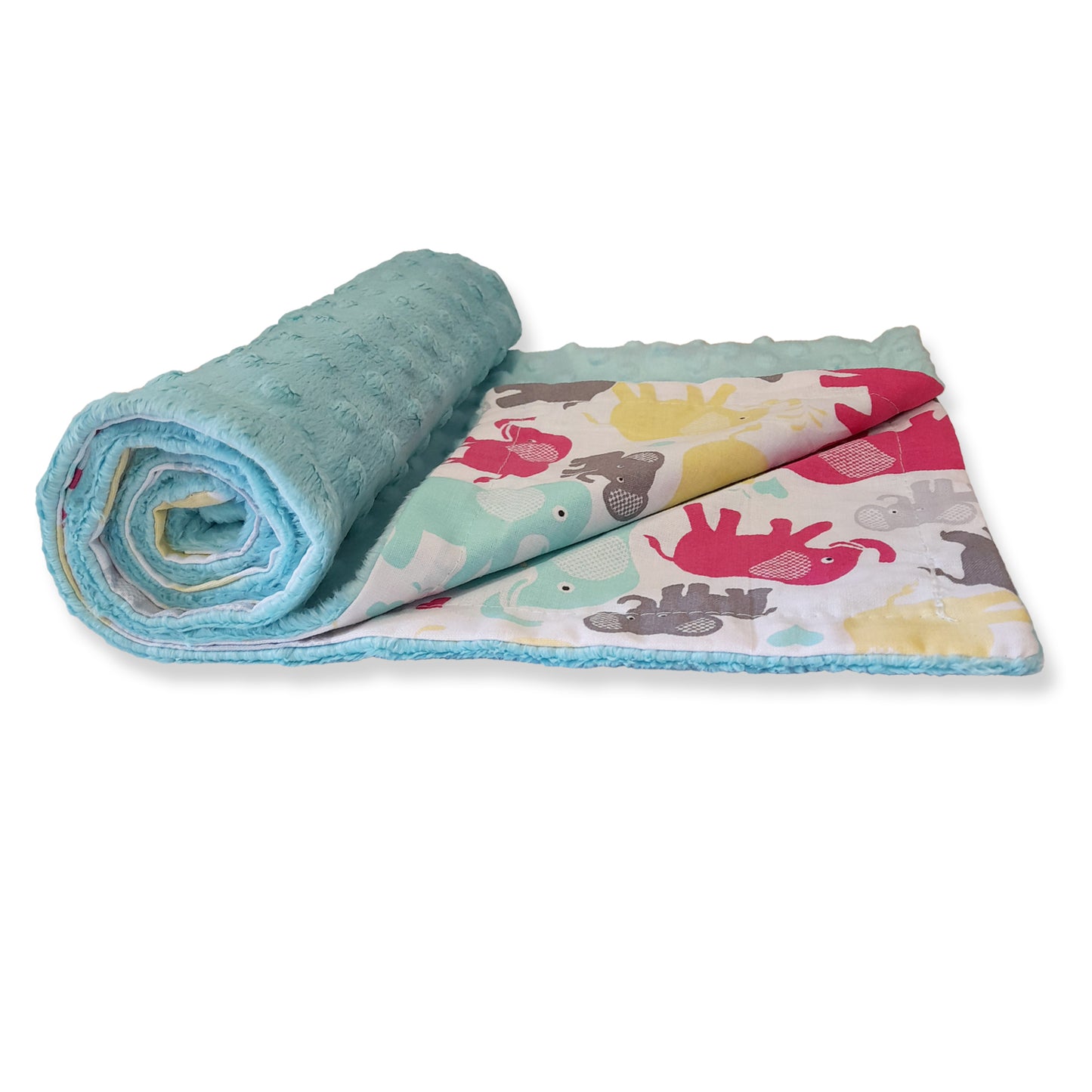 Babydecke 50x70cm doppelseitig Minky/Baumwolle Türkis Minky-Elefanten
