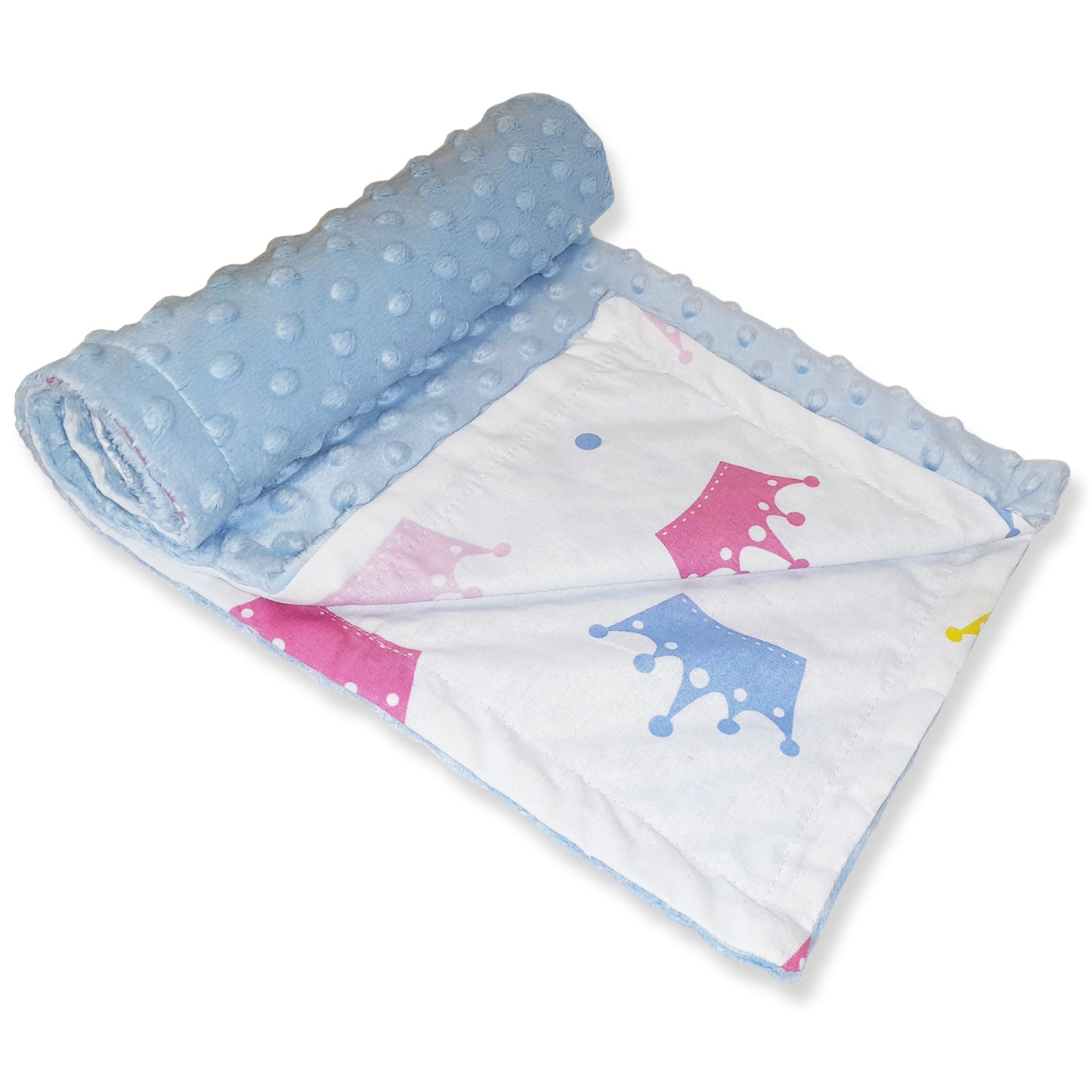 Babydecke 50x70cm doppelseitig Minky/Baumwolle  Blau Minky-Kronen