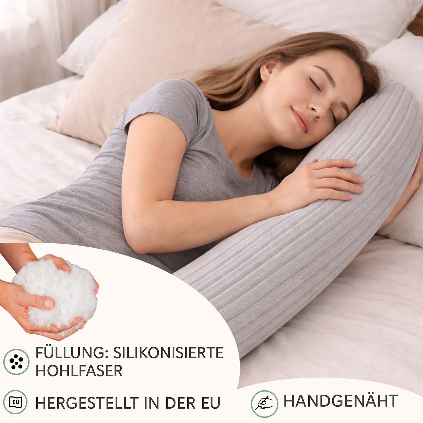 LEANBE Bettschlange Stillkissen – Vielseitiges Seitenschläferkissen 150 cm Hellgrau Plüsch