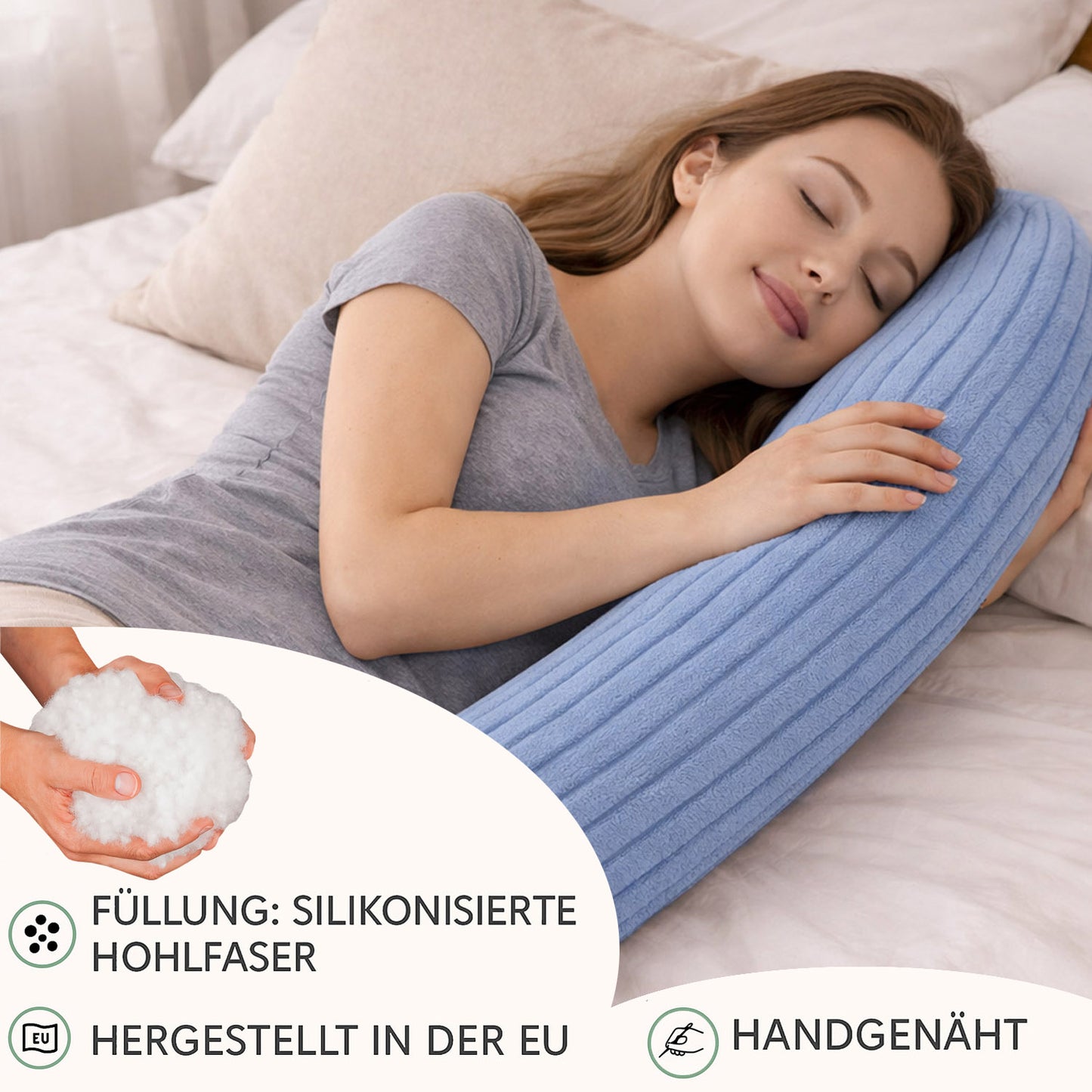 LEANBE Bettschlange Stillkissen – Vielseitiges Seitenschläferkissen 150 cm Blau Plüsch