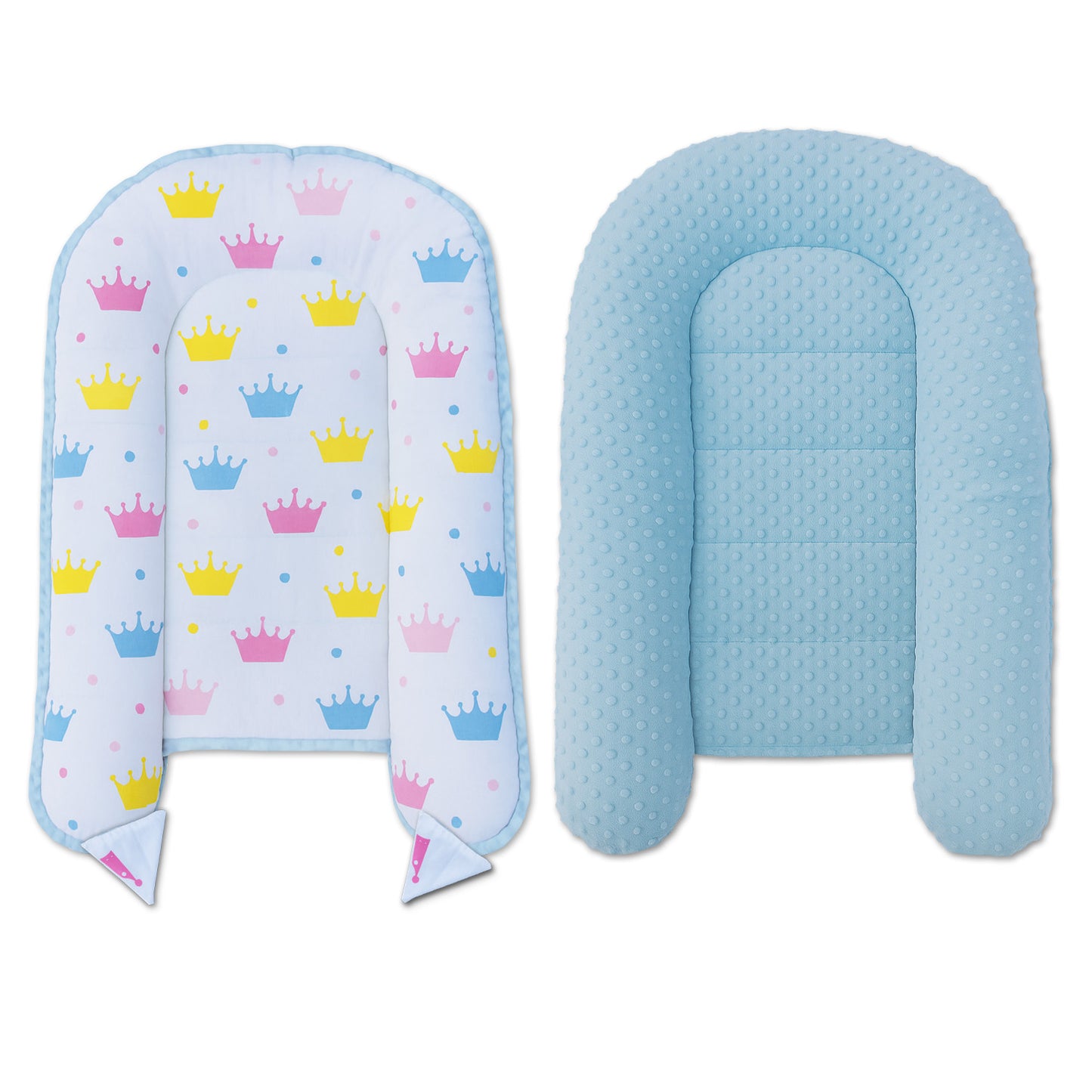 Babynest Kokon aus Baumwolle & Minky - Blau Minky / Bunte Kronen