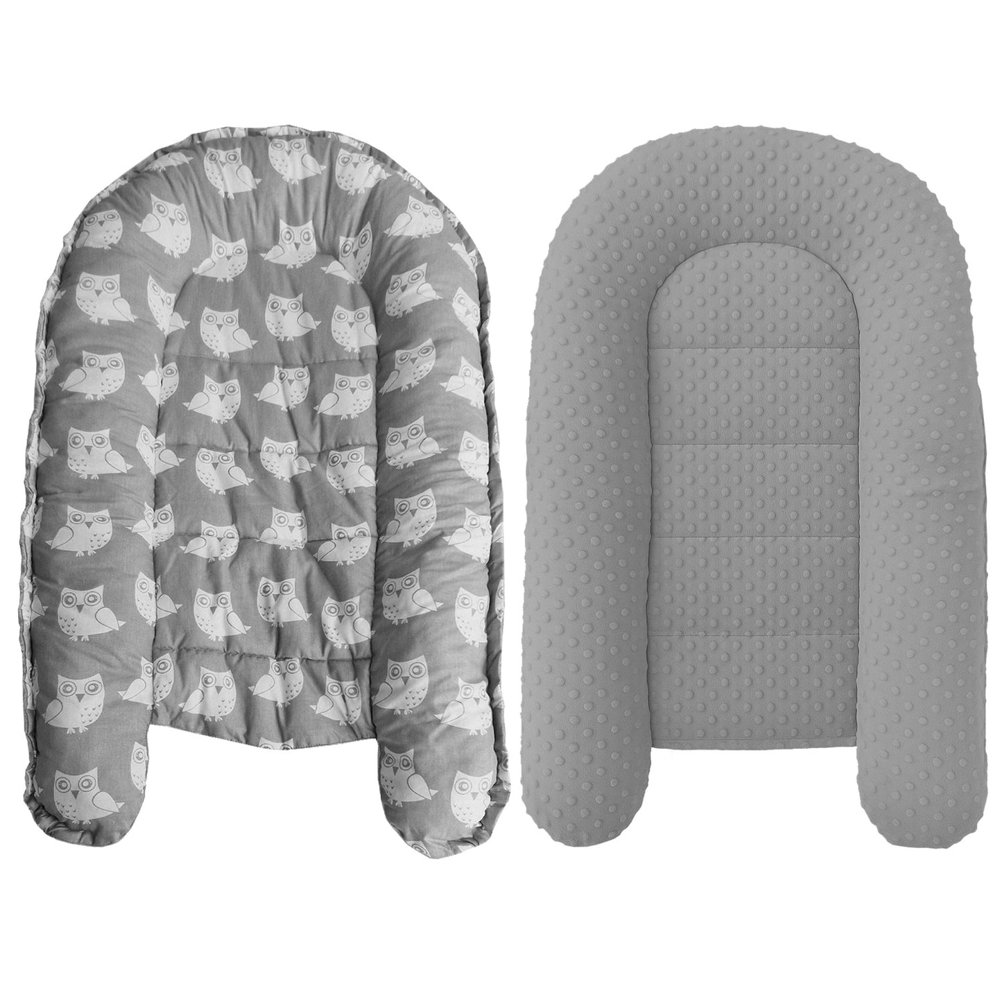 Babynest Kokon aus Baumwolle & Minky - Grau Minky / Eulen