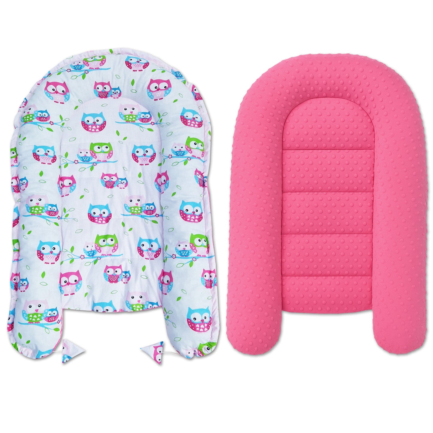 Babynest Kokon aus Baumwolle & Minky - Rosa Minky / Bunte Eulen