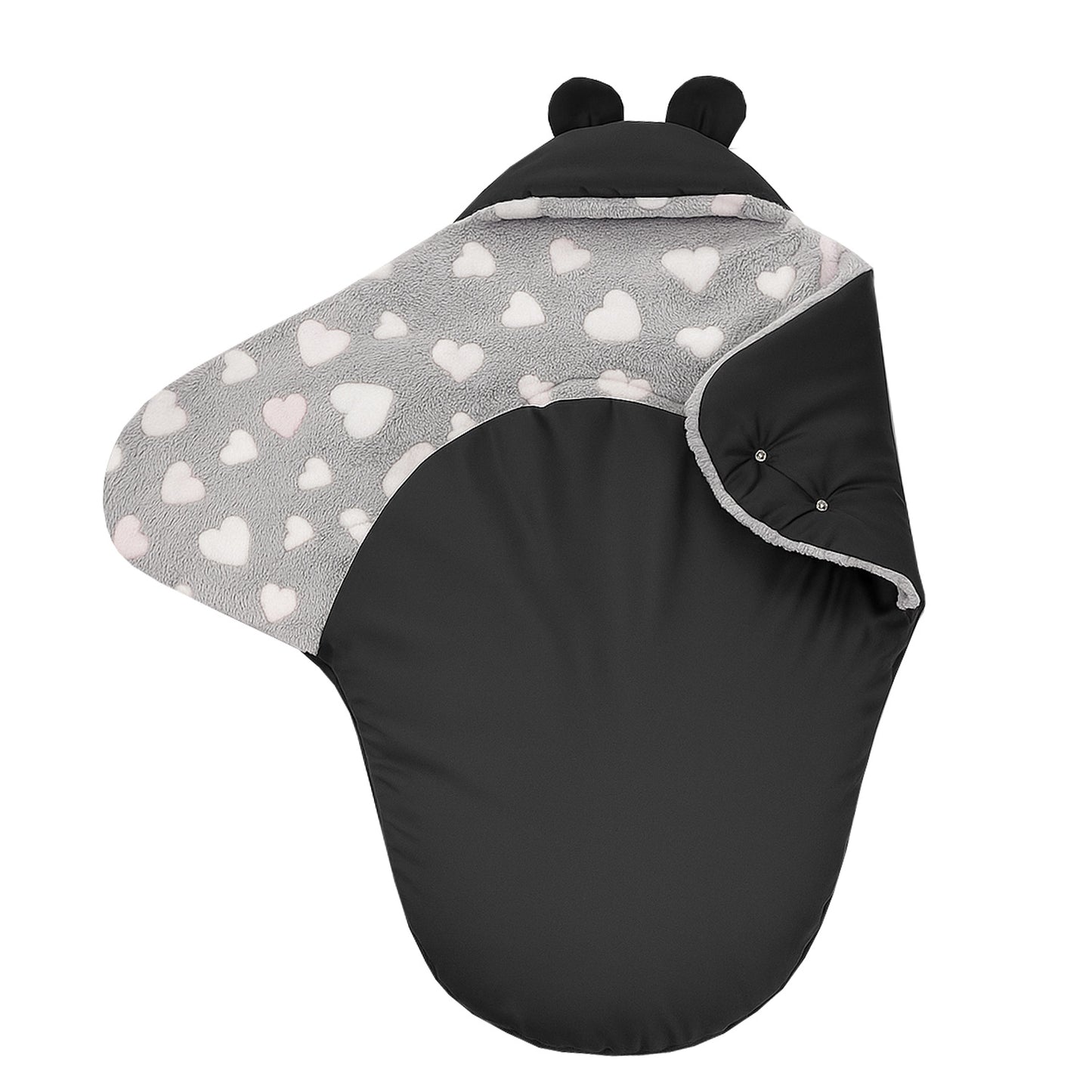 Baby Einschlagdecke für Winter - Schwarz mit rosa Herzen