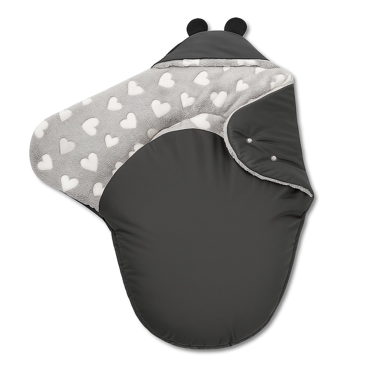 Baby Einschlagdecke für Winter - Schwarz mit Weißen Herzen