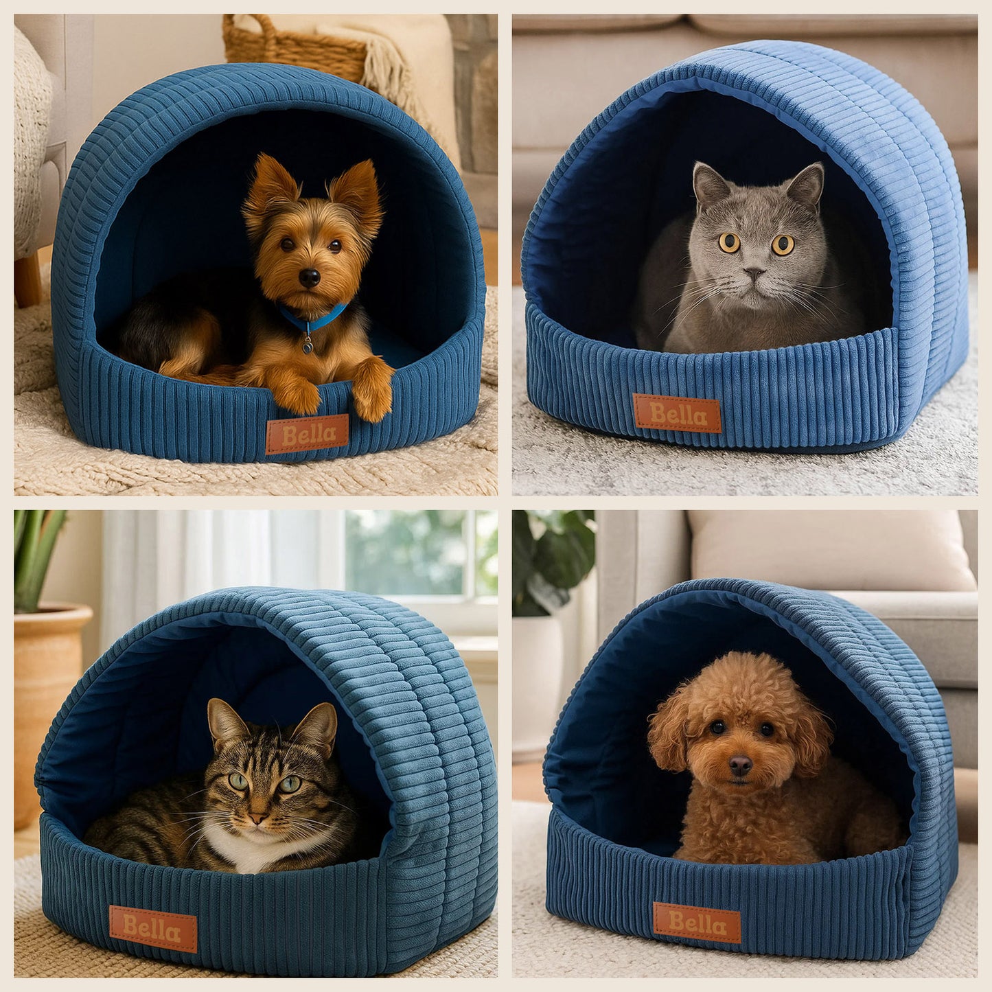 Personalisierbare & Stilvolle Cord-Hütte für Hunde und Katzen - Blau