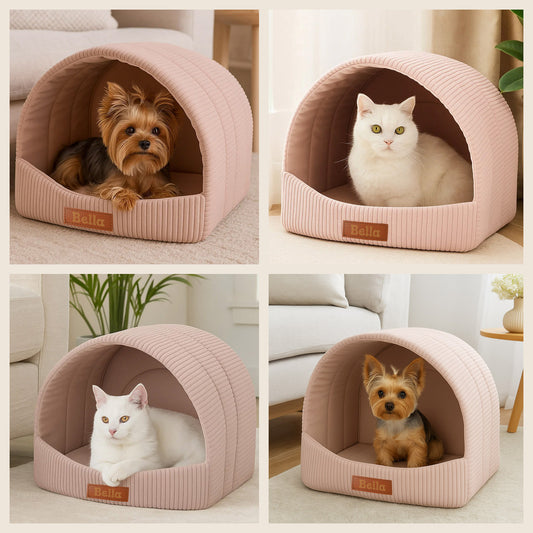 LEANBE Personalisierbare & Stilvolle Cord-Hütte für Hunde und Katzen - Rosa