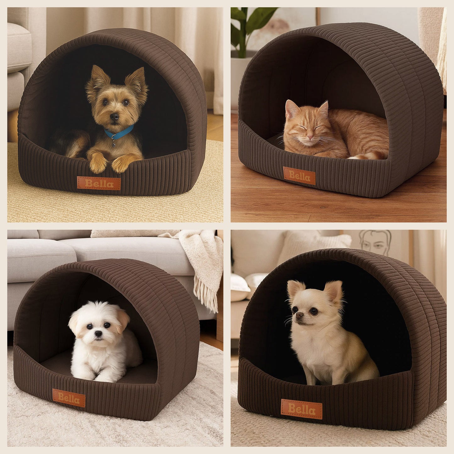 Personalisierbare & Stilvolle Cord-Hütte für Hunde und Katzen - Braun