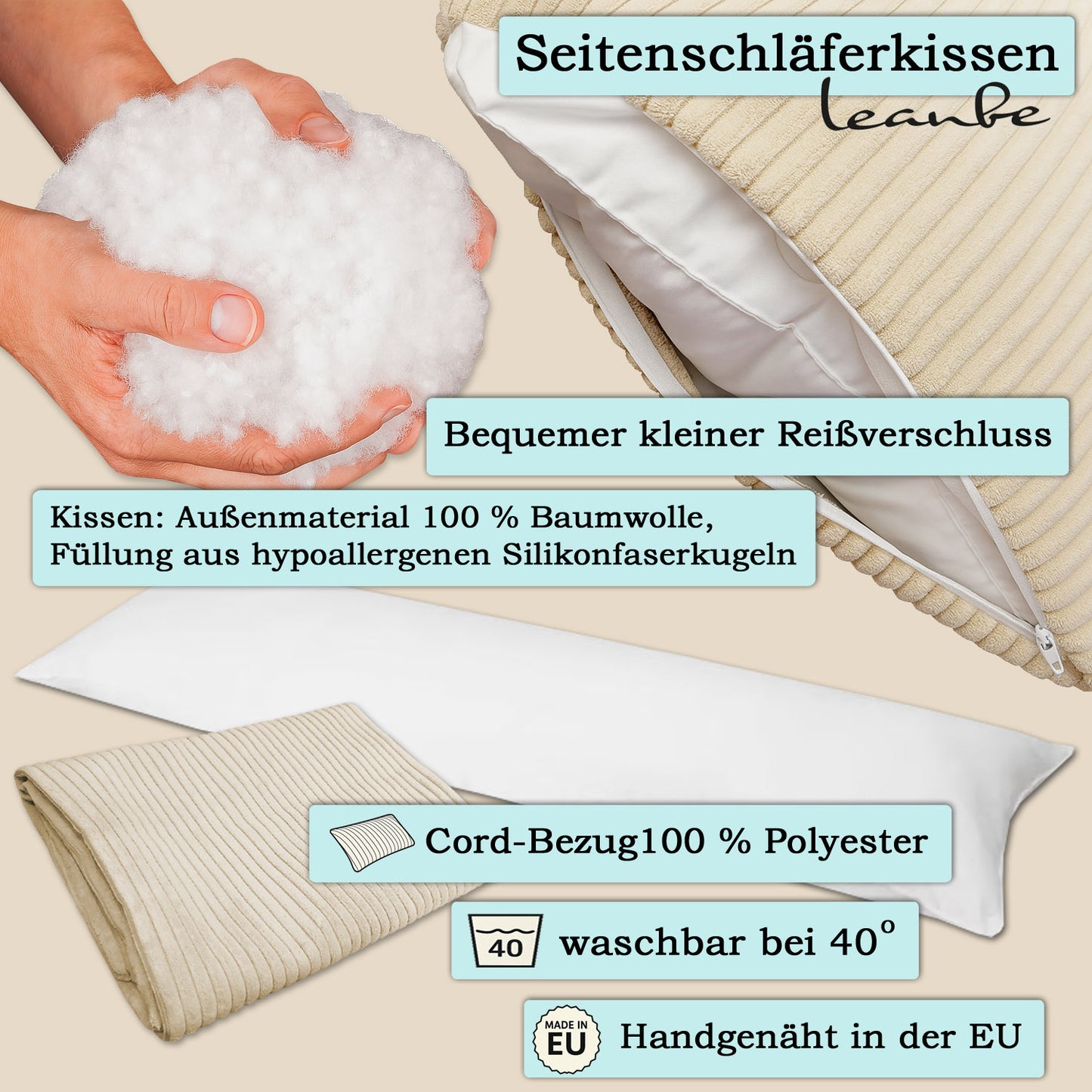 Leanbe Seitenschläferkissen 150x40 cm - Cord Beige