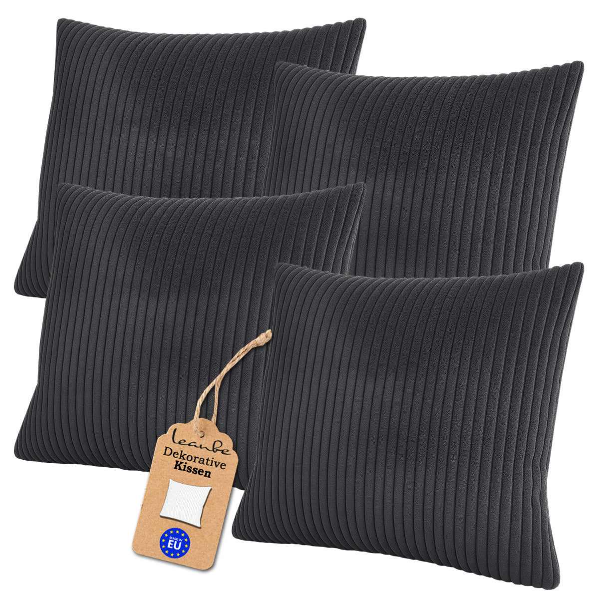 LEANBE Cord Dekokissen – Weiches Kissen mit strukturierter Oberfläche Set 4 Stck. - Graphit