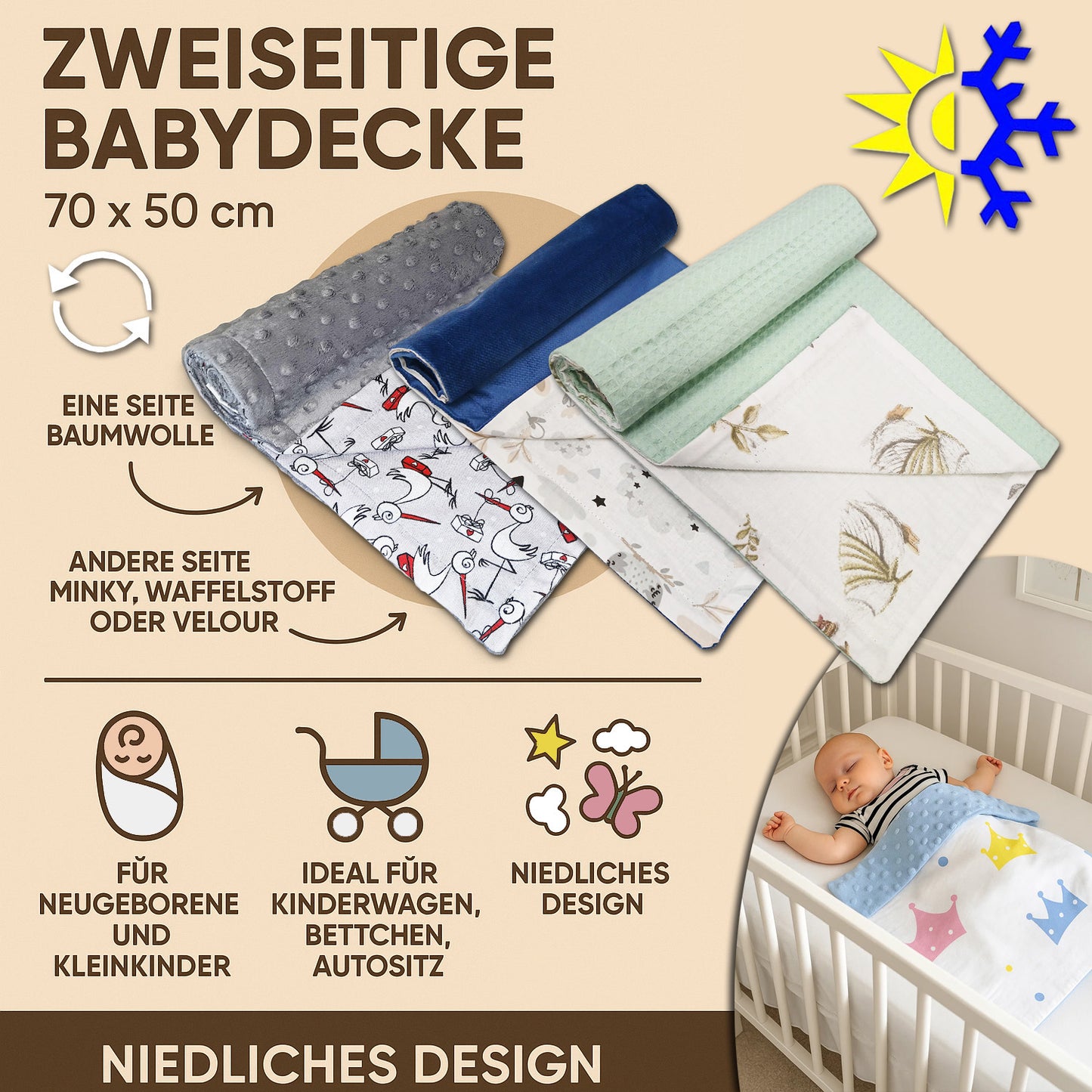 Babydecke 50x70cm doppelseitig Baumwolle/Waffelstoff Beige