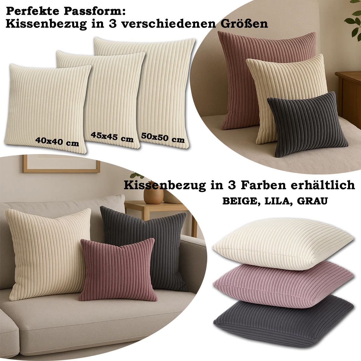 LEANBE Cord Kissenhüllen Set (2 Stück) – Weiche Dekokissenbezüge mit Struktur: Grau