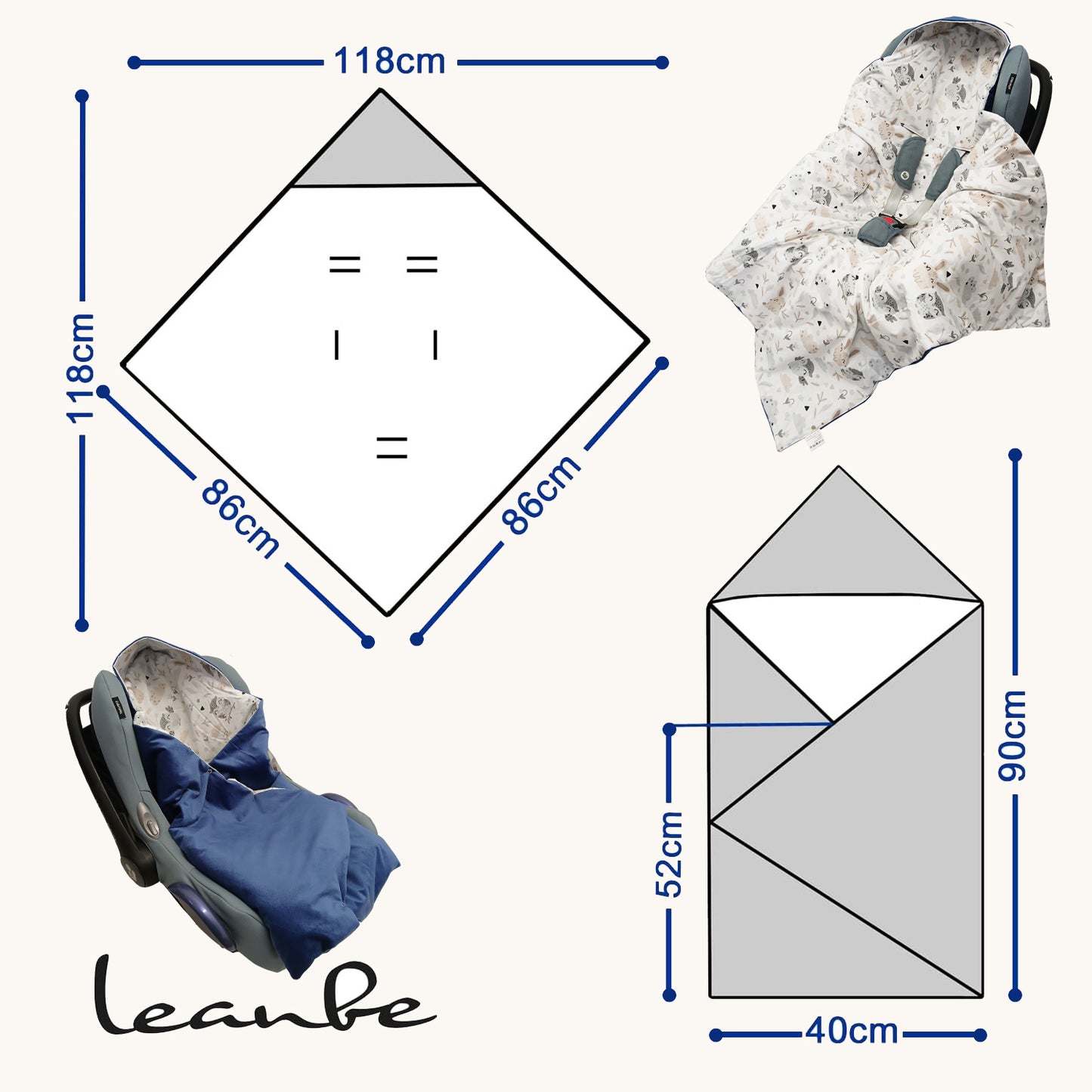 Einschlagdecke Babydecke 86x86 cm – Baumwolle & Velours Blau