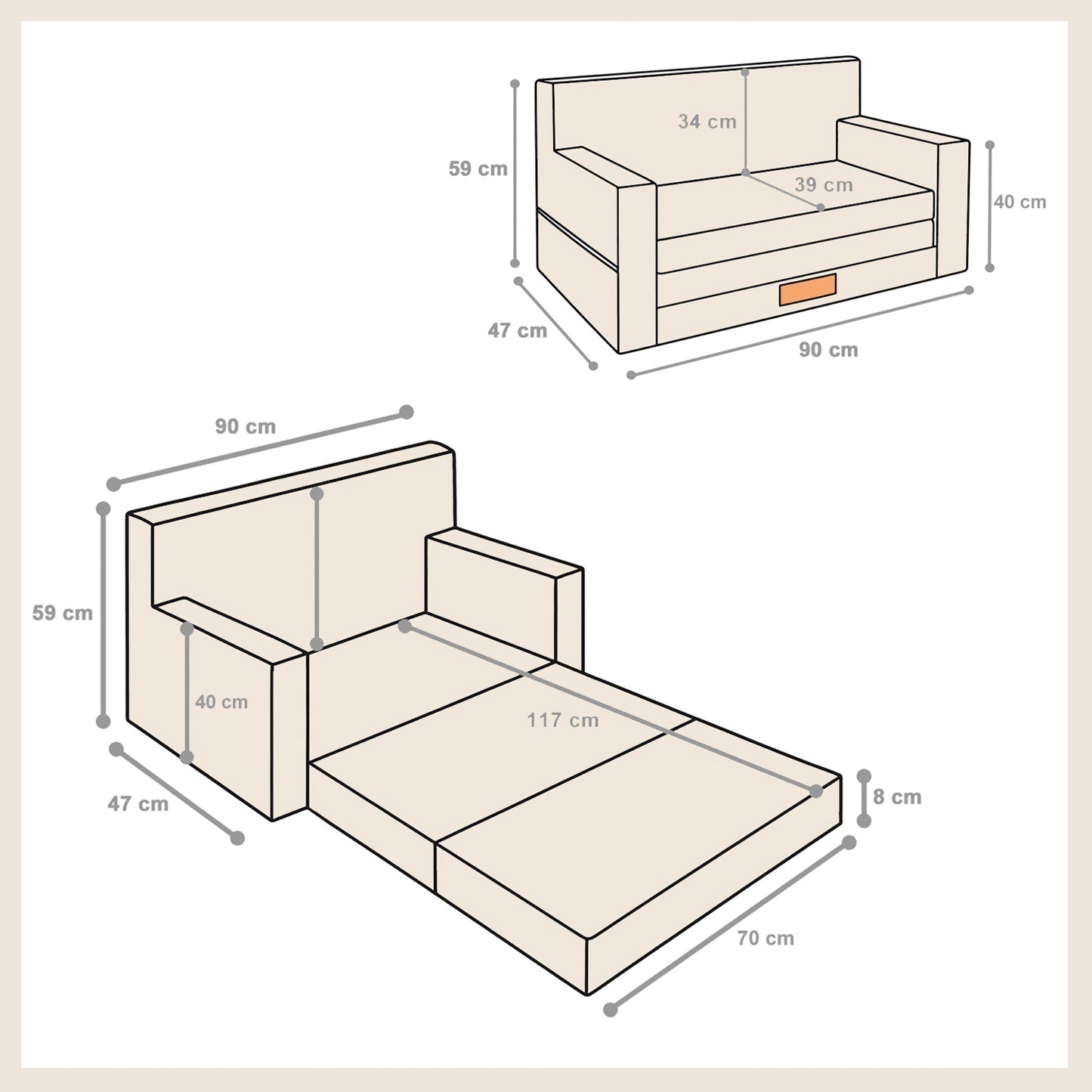 LEANBE Personalisierbares Kindersofa 3-in-1  Spiel- und Schlafsofa mit individuellem Namen - Rot Cord