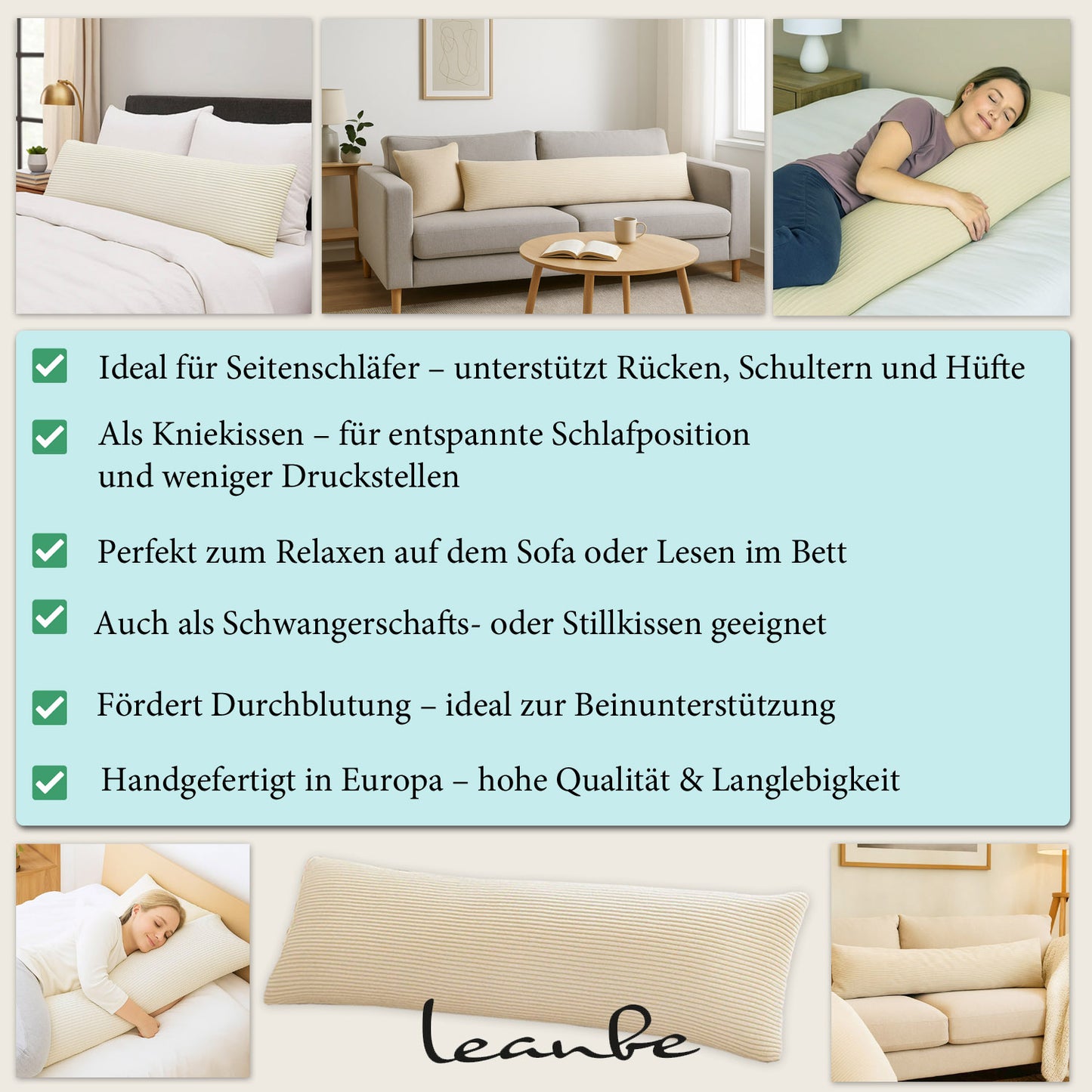 Leanbe Seitenschläferkissen 150x40 cm - Cord Beige