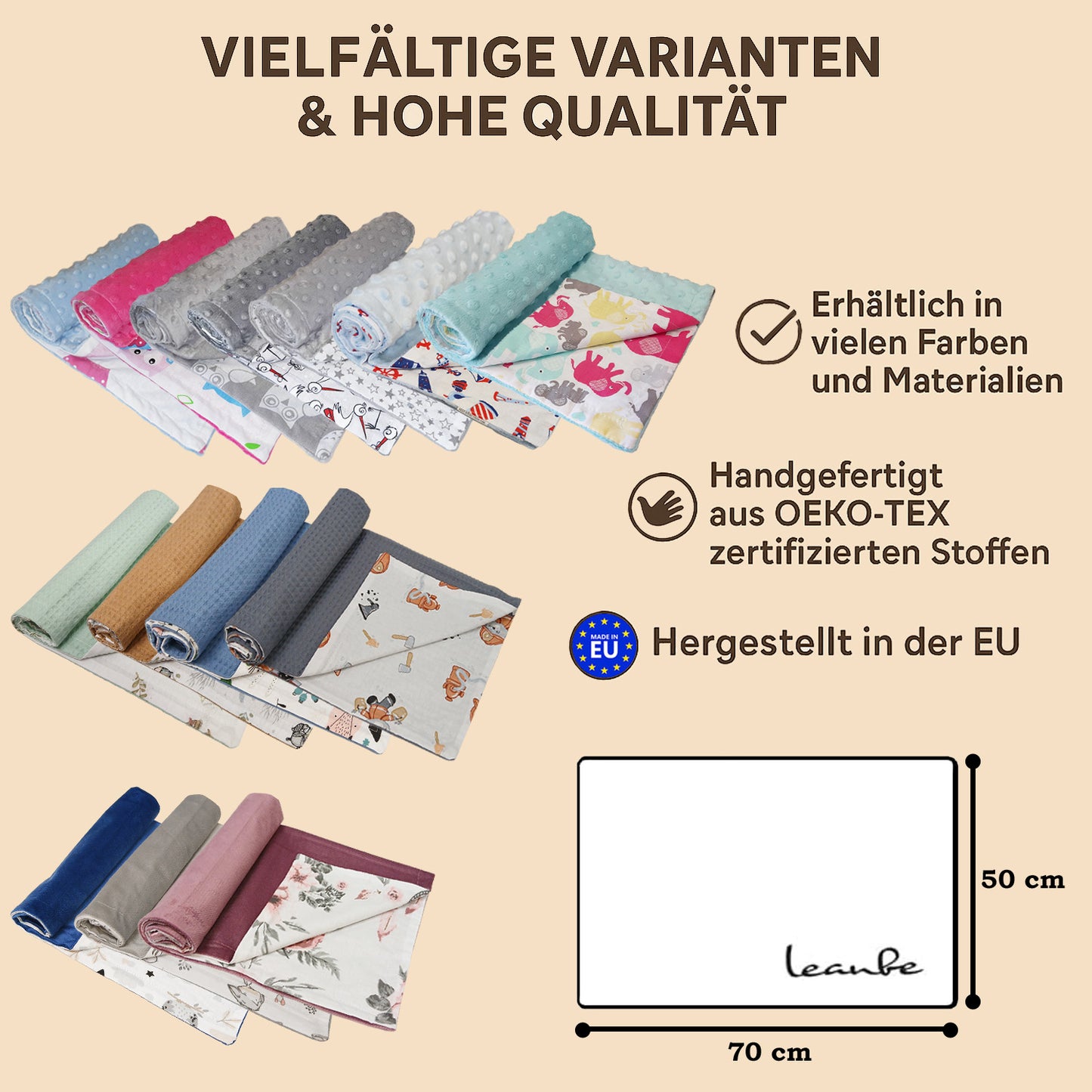 Babydecke 50x70cm doppelseitig Baumwolle/Waffelstoff Beige