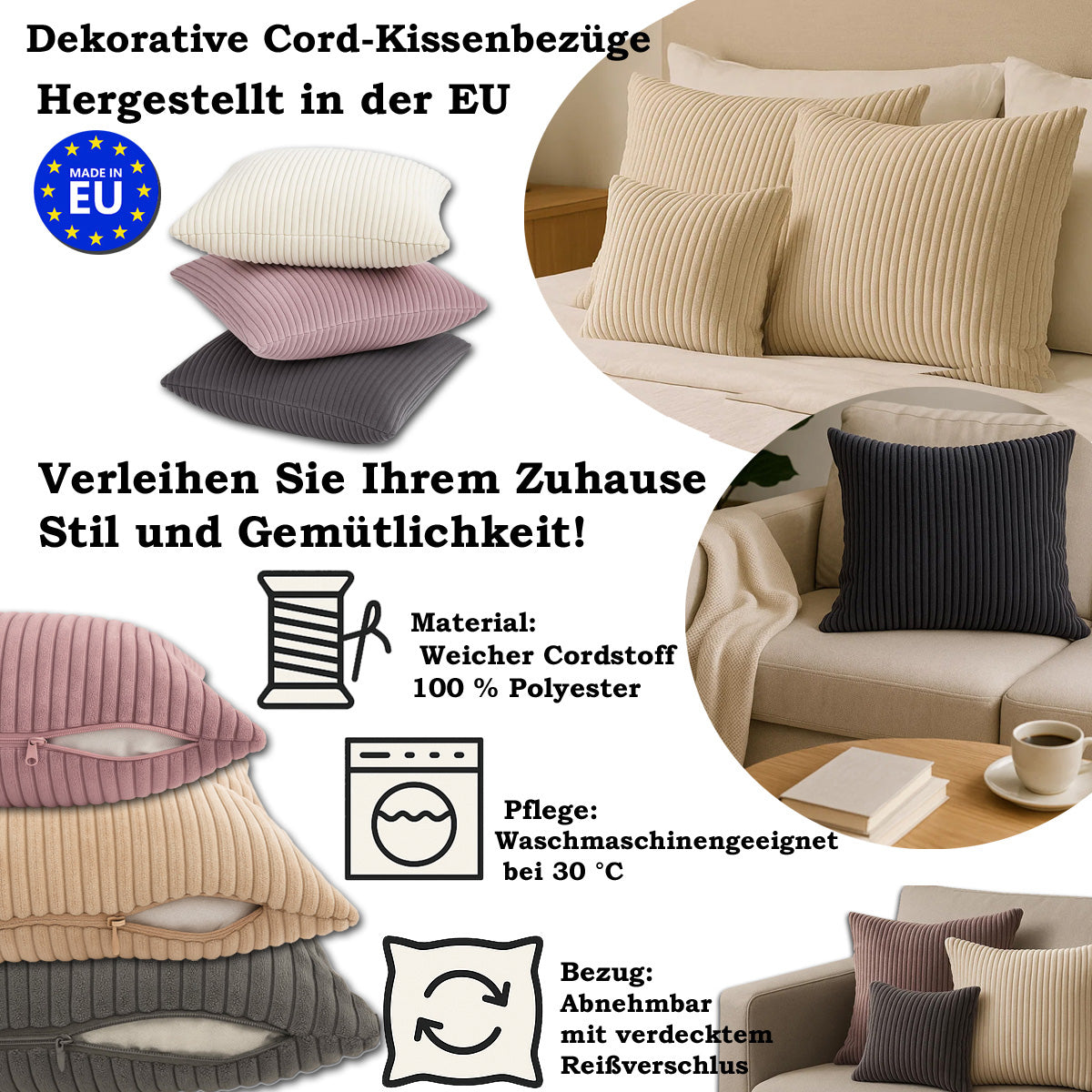 Cord Kissenhülle Set 2 Stck. für Dekokissen Lila