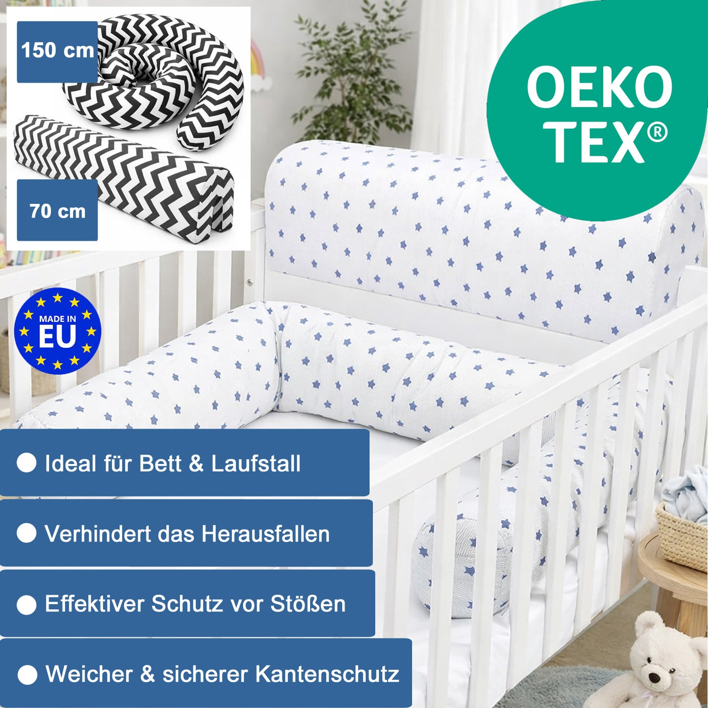 LEANBE Bettkantenschutz 70x20x14 cm + Bettschlange 150x15 cm – Graues Ornament