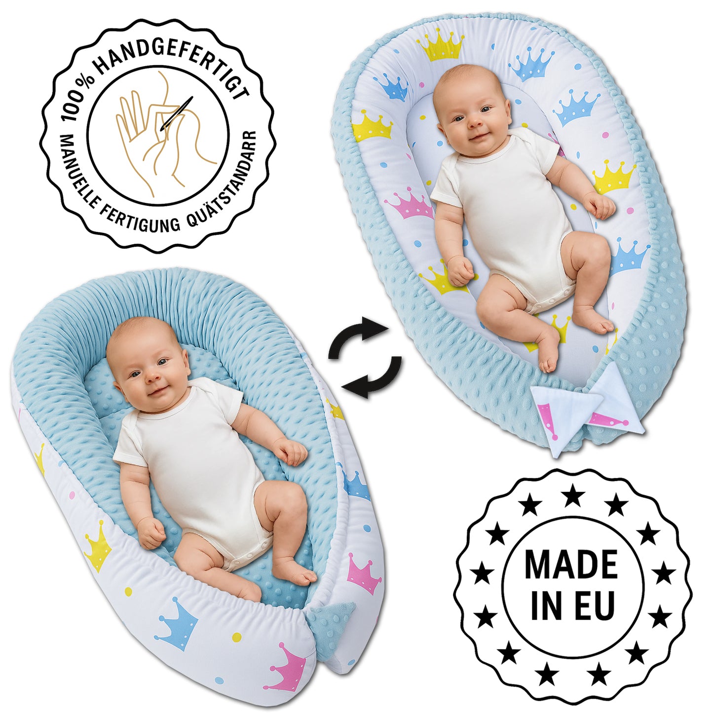 Babynest Kokon aus Baumwolle & Minky - Blau Minky / Segelboote