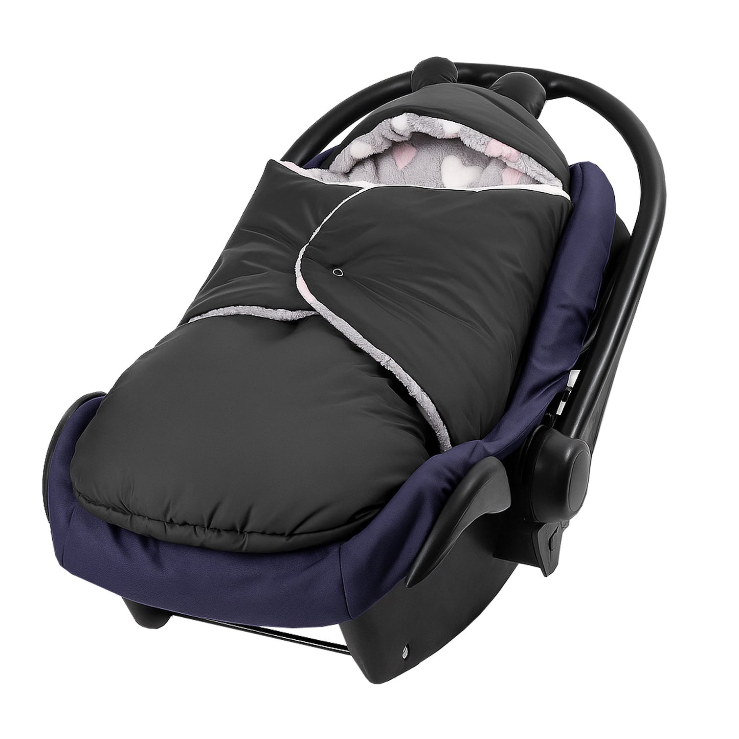 Baby Einschlagdecke für Winter - Schwarz mit rosa Herzen