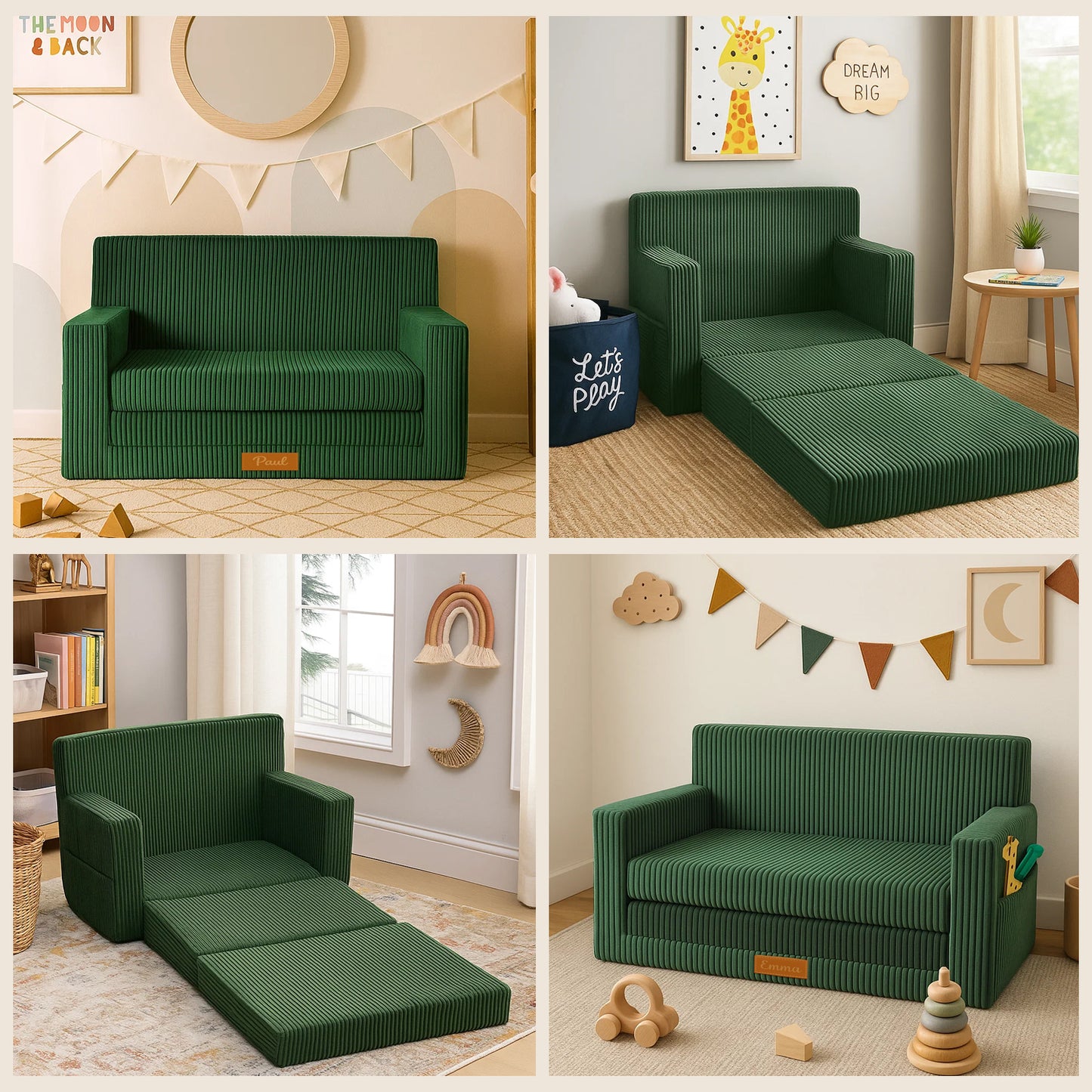Personalisierbares Kindersofa 3in1 - Grün Cord