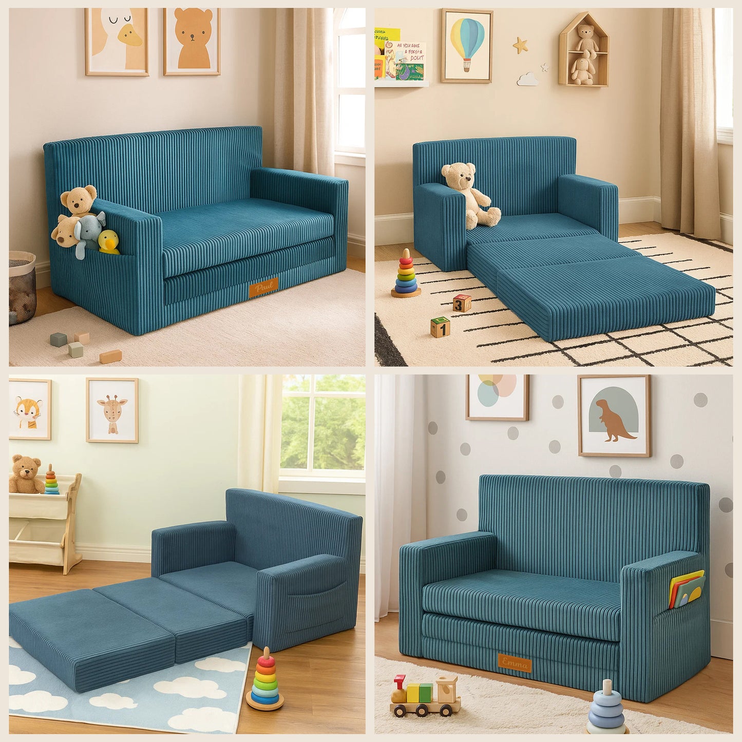 Personalisierbares Kindersofa 3in1 - Blau Cord