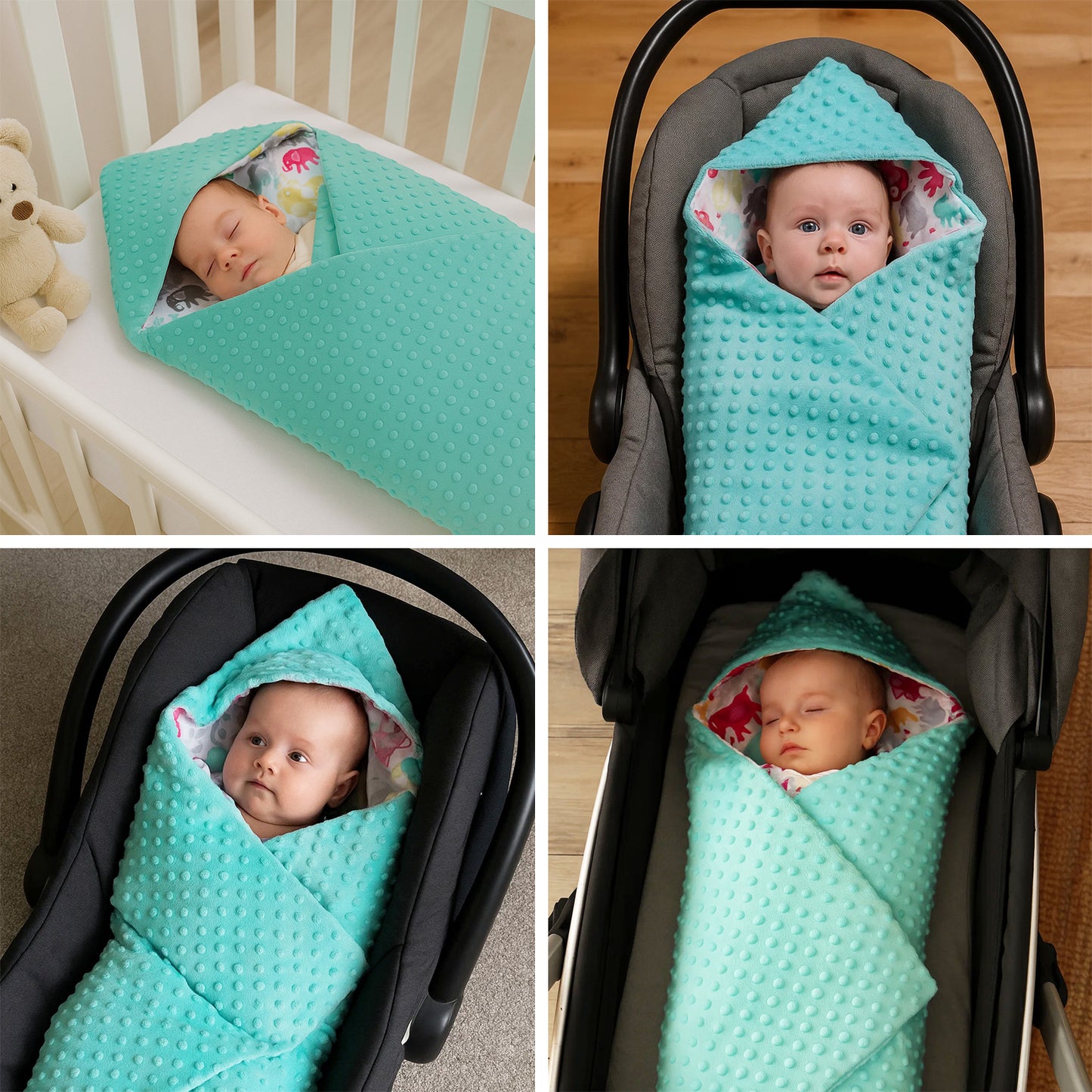 Einschlagdecke Babydecke 86x86 cm – Baumwolle & Minky Tükis / Elefanten